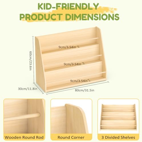 XiaZ Kids Bookshelf, 3-Tier Wooden Montessori Display for Toddlers
