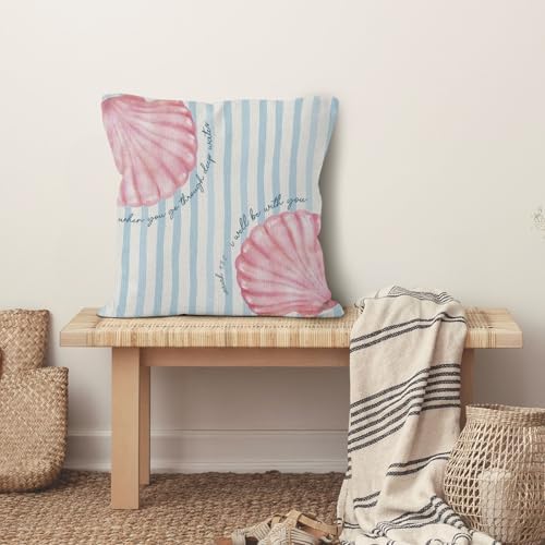 Christian Preppy Beach Seashell Throw Pillow Cover 18x18, Coastal Pink Seashell Bible Verse Decorative Pillow Covers for Home Bedroom Living Room, Religious Beach Accent Pillows Cover Pillowcases