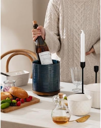 Utensil Holder, 360° Rotating Extra Large Ceramic Kitchen Utensil Holder for Countertop, 7.3“ Cooking Utensil Crocks for Kitchen Counter with Rotatable Wooden Base, Farmhouse Decor, Dusty Blue