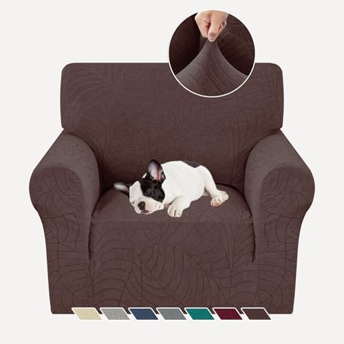 YEMYHOM Couch Cover Latest Jacquard Design High Stretch Sofa Chair Covers for Living Room, Pet Dog Cat Proof Armchair Slipcover Non Slip Magic Elastic Furniture Protector (Small, Begonia Leaf Coffee)