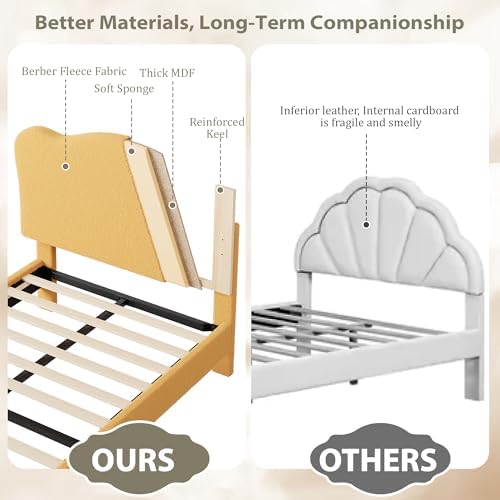 Garvee Upholstered Twin Size Bed Frame for Kids with Scallop Headboard, Cute Velvet Twin Bed for Girls, Boys, Sturdy Platform Bed, No Box Spring Needed, Wooden Slats, Noise Free, Yellow