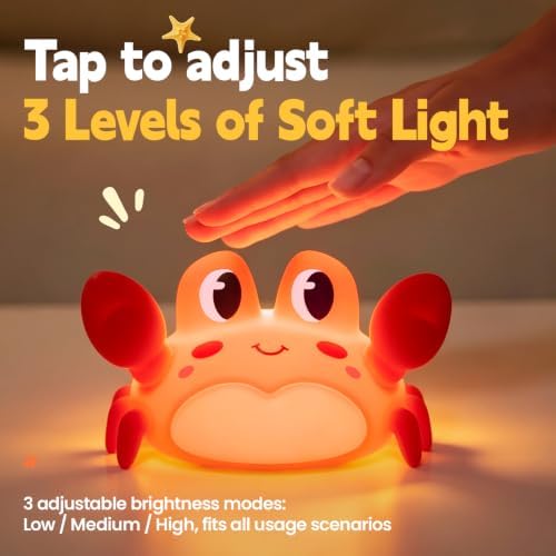ATSUI Crab Night Light for Kids, Food Grade Silicone, Rechargeable, Tap Fun Kawaii Lamp for Kids Room, Adjustable Brightness, Cute Stuff for Boys Girls, Cute Gifts for Baby Children