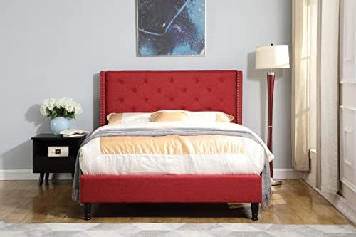 Full Upholstered Platform Bed Frame with 51" Tall Headboard - Button Tufted Cloth Bed - Wood Slat Support with Storage Space - No Box Spring Needed - Easy Assembly - Burgundy - Oliver & Smith - Astor