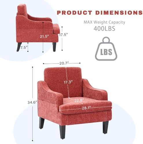 Set of 2 Accent Chair for Living Room,Mid-Century Arm Chair Chenille Fabric Living Room Chairs,Upholstered Reading Chair for Bedroom,Single Sofa Chair with Wood Legs for Apartment (Orange)