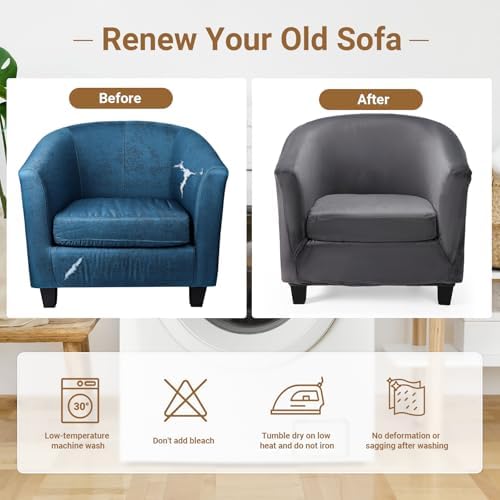 Barrel Chair Slipcovers, 2 Piece Dark Gray Club Armchair Slipcover with Cushion Cover, Non-Slip Washable Furniture Protector Soft Stretch Chair Slip Cover with Arms for Living Room Bar Counter