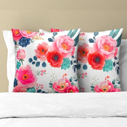 Watercolor Peony Throw Pillow Covers 22x22 Inch Set of 2 Pink Floral Girly Green Leaves Decorative Pillow Case Spring Summer Flower Square Cotton Cushion Cover for Home Couch Bed