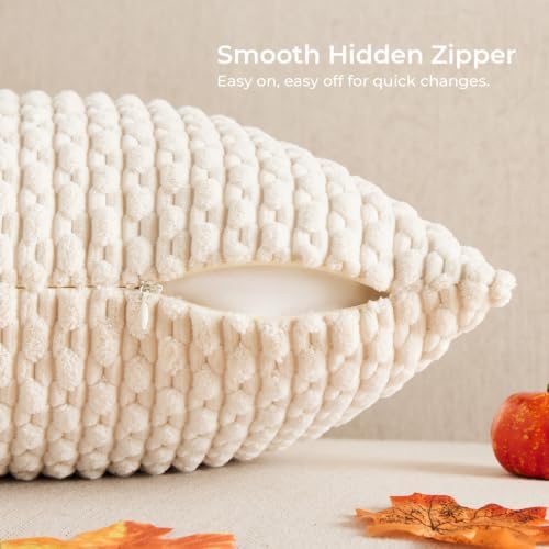 Kevin Textile Soft Corduroy 28x28 Inch Pillow Covers 2 Pack, Cream White