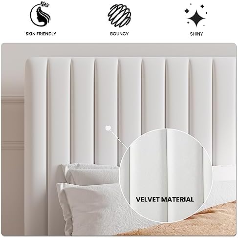 SHA CERLIN Full Upholstered Platform Bed Frame with Vertical Channel Tufted Velvet Fabric Adjustable Headboard, Wooden Slats Support, Mattress Foundation, Box Spring Optional, White
