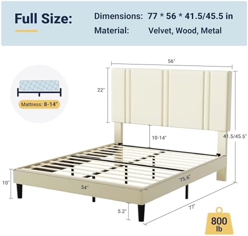 Allewie Full Size Platform Bed Frame with Velvet Upholstered Headboard
