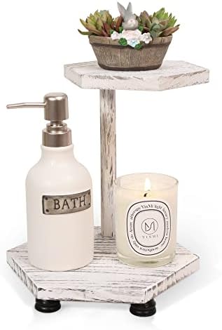 Tikea 2-Tier Wood Riser for Decor, Farmhouse Bathroom Decor Counter Shelf