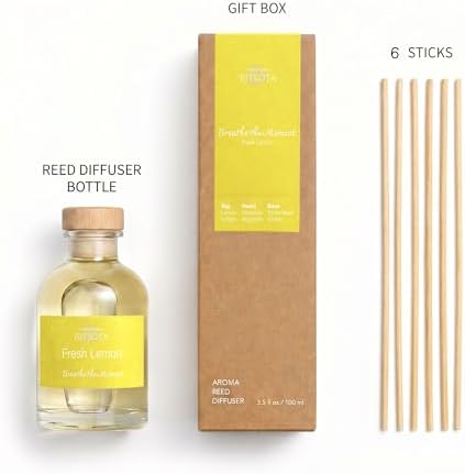 Natural Reed Diffuser Set, Fresh Lemon 3.52 oz (100ml) Scented Diffuser with Sticks Home Fragrance Reed Diffuser for Bathroom Shelf Decor, Ideal Gift for Woman