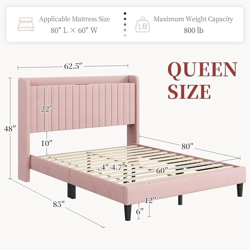 Yaheetech Queen Bed Frame with Channel-Tufted Headboard, USB/AC Ports, Pink