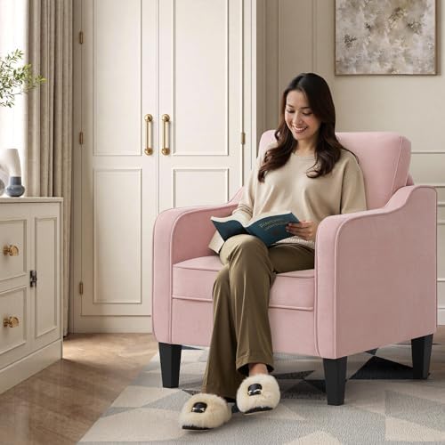 Accent Chair for Living Room, Mid Century Modern Reading Chair for Bedroom, Upholstered Armchair with Side Pockets, Comfy Single Sofa Side Chair for Office, Apartment, Small Room, Pink