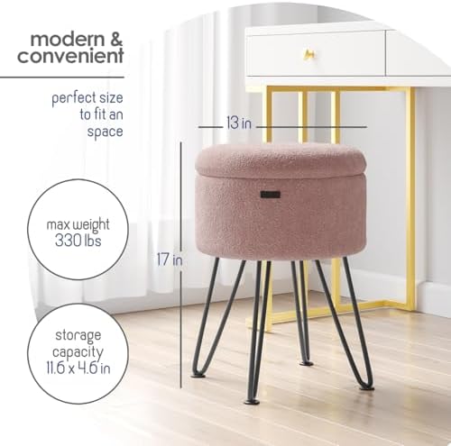 Round Ottoman with Storage, Boucle Storage Ottoman, Foot Stool Ottomans, Makeup Vanity Stool, Small Ottomans Foot Rest, Modern Vanity Stools for Living Room and Bedroom, Pink