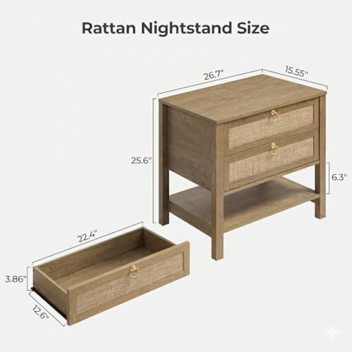 SICOTAS 26.7" Wide Rattan Nightstand with 2 Drawers & Open Shelf End Table