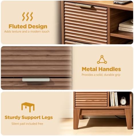Nightstand with Charging Station, Fluted Night Stand Set of 2