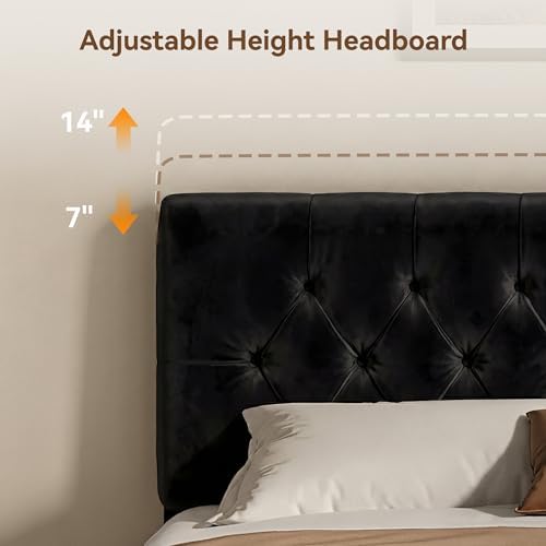 Full Size Bed Frame with Headboard, Luxury Velvet Fabric Upholstered Bed frame with Button Tufted Design, Strong Wooden Slats Support - Low & Sturdy, Noise-Free, No Box Spring, Easy Assembly, Black