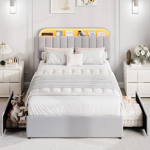 GarveeHome Full Bed Frame, Platform Bed with Storage Headboard & Drawers