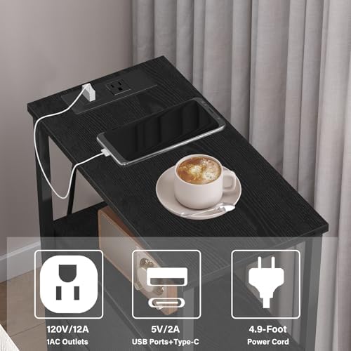 TUTOTAK Narrow Night Stand with Charging Station, Slim End Table