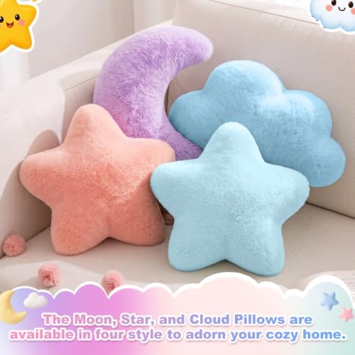 4 Pcs Plush Cloud Star Moon Throw Pillow Set, Purple, Blue, Mint, Orange