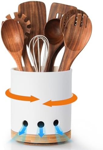 LoeJan 360° Rotating Ceramic Utensil Holder for Kitchen Countertop – Cooking Utensil Crock Organizer with Non-Slip Cork Base for Farmhouse Kitchen Decor, Textured White