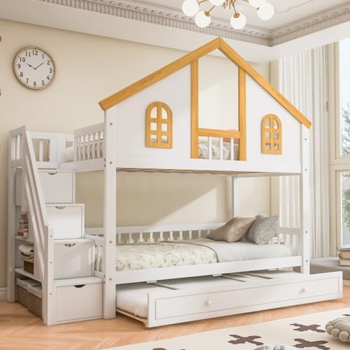 Twin Over Twin Size House Bunk Bed with Trundle & Storage Stairs