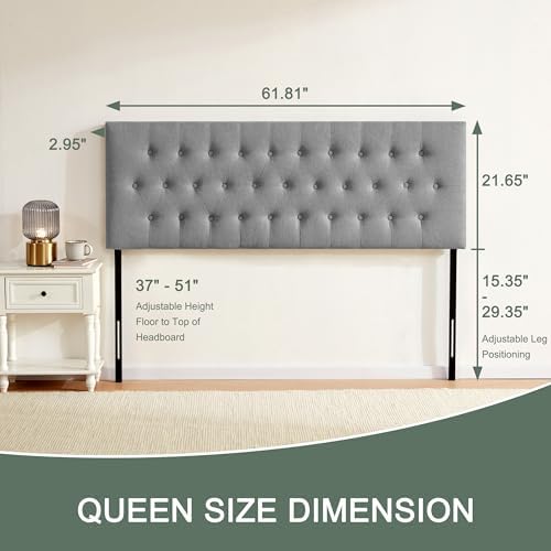 Tufted Upholstered Headboard Queen Size, Adjustable Height 37- 51 in, Gray
