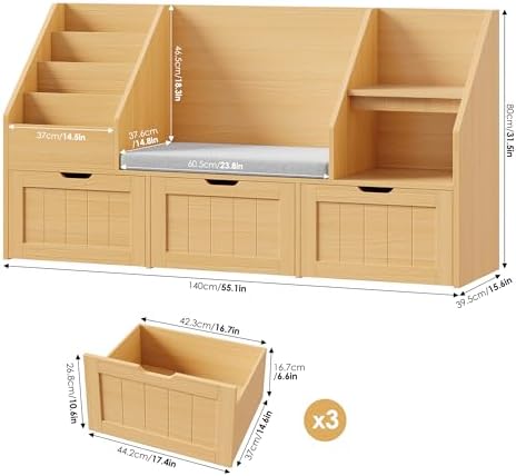 FOTOSOK Kids Bookshelf with Reading Nook, Toy Storage with Seat Cushion