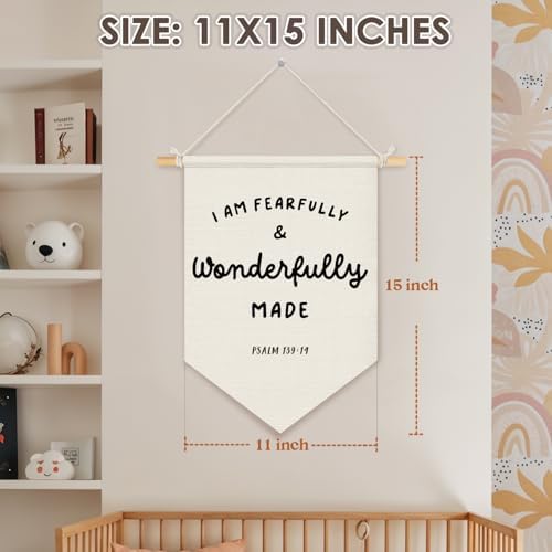 Wheatwin Christian Nursery Decor, I Am Fearfully and Wonderfully Made Wall Hanging Pennant Flag Banner, Bible Verse Wall Decor for Kids Nursery Toddler Room Bedroom Playroom 15x11 Inch