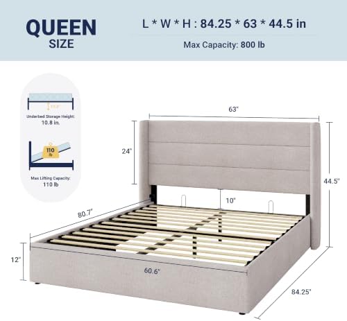 Allewie Queen Size Lift Up Hydraulic Storage Bed Frame Light Beige