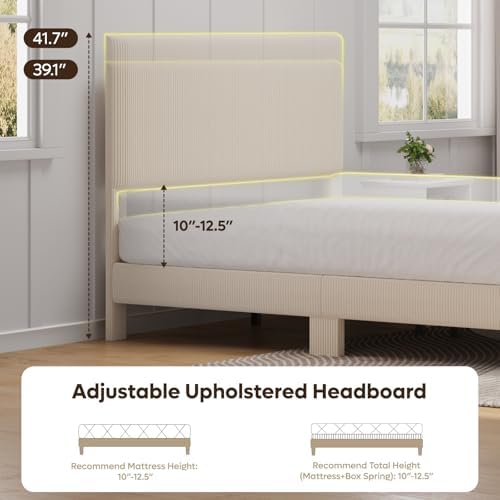 Bestier Queen Bed Frame with Headboard LED Lighting,Upholstered,Beige