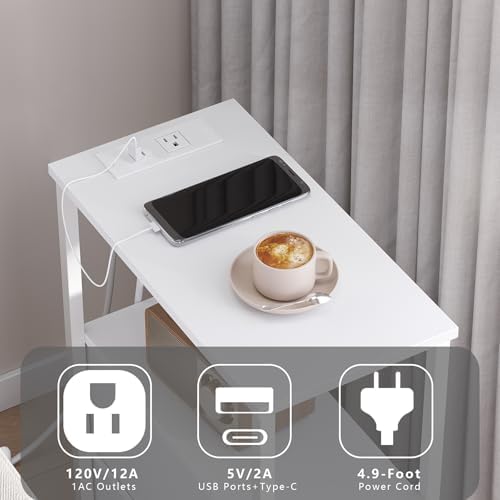 TUTOTAK Narrow End Table, Skinny Side Table with Charging Station