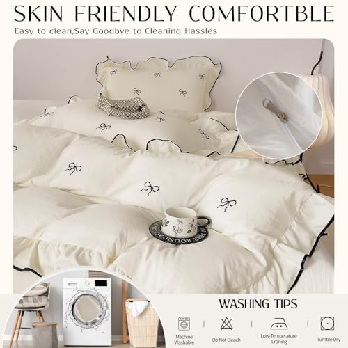 3-Piece Duvet Cover Set Brushed Washed for Softness,1 Duvet Cover and 2 Pillowcases,Black Bow Ruffles Bedding Set for All Seasons,Cute Comforter Covers with Ties Twin Size 80"×90”