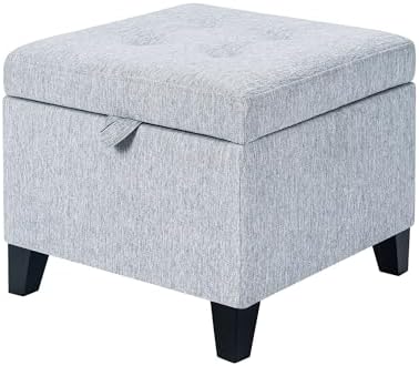Adeco 18-inch Linen Storage Ottoman for Living Room & Bedroom, Upholstered Footrest Stool and Extra Seat with Safety Hinge Lid, Solid Wood Legs, Ice Grey