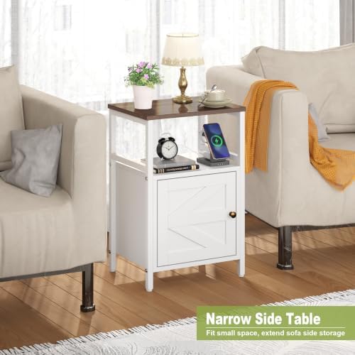 Bedside Table with Charging Station Side Table for Small Spaces White