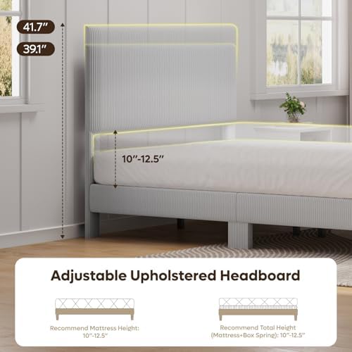 Bestier Full Bed Frame with Adjustable Headboard,LED Light,Light Grey