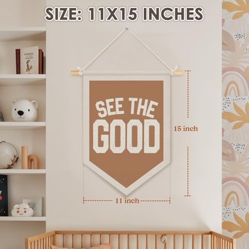 Wheatwin Inspirational See the Good Wall Hanging Pennant Flag Banner, Boho Neutral Motivational Positive Wall Decor for Kids Toddler Nursery Room Bedroom Playroom 15x11 Inch
