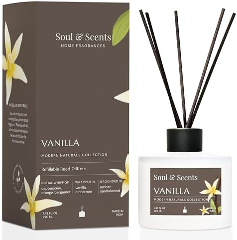 Soul & Scents Reed Diffuser Set – Vanilla | 7.43 oz Refillable Scented Oil with 6 Fiber Sticks | Long-Lasting Home Fragrance & Air Freshener for Bedroom, Bathroom, Office | Gift & Décor Piece