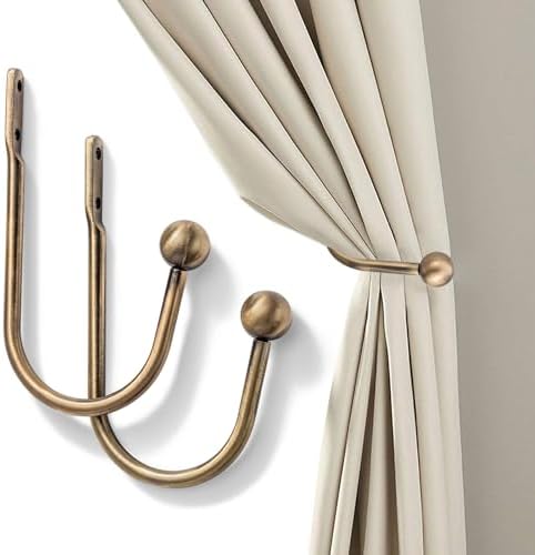 Curtain Holdback, Premium Metal Decorative Curtain Holdbacks with Zinc Alloy Cap Finials,Rust-Proof, Set of 2 Window Curtain Holdbacks (Brass)
