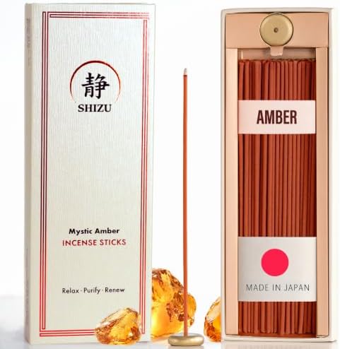 Shizu Mystic Amber Incense Sticks – Artisanal Temple Grade Japanese Incense with Brass Holder – Subtle, Calming Scent for Relaxation, Meditation & Home Spa, Elegant Gift Set (60 Sticks)