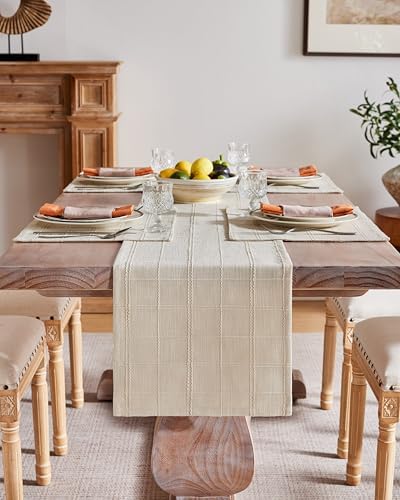 ZeeMart Linen Checked Farmhouse Table Runner, 13x48 Inches Neutral Beige