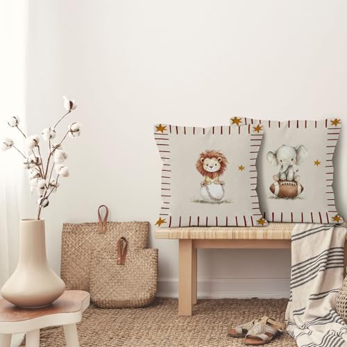 Sports Animal Nursery Throw Pillow Cover 18x18, Lion Elephant Decorative Pillow Covers for Kids Toddler Boy Nursery Room Bedroom Playroom, Kids Playroom Accent Pillows Cover Pillowcases, Set of 2