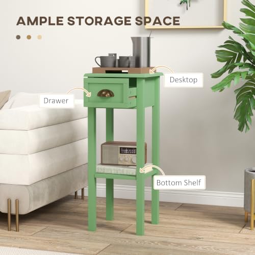 HOMCOM Narrow End Table with Drawer and Bottom Shelf Set of 1 Green