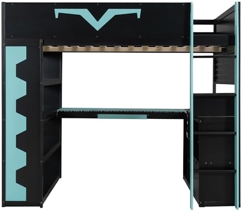 Merax Full Size Loft Bed with Desk & RGB Lights, Wooden Pro-Gamer Bed with Power Outlet, Large Bookshelf, Pegboard, Keyboard Tray & Storage Drawer