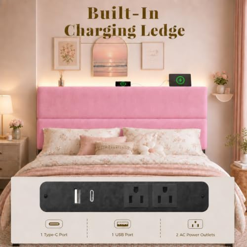 Queen Bed Frame with 2 Storage Drawers, Pink Velvet Upholstered