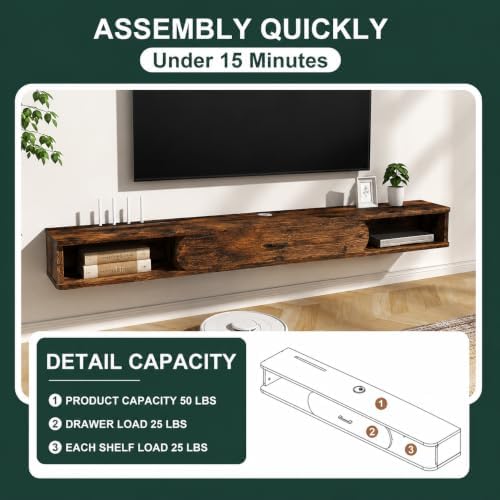 GHC Floating TV Stand, 75'' Wall Mounted TV Cabinet, Floating Shelves with Door, Media Console for DVD Player, Space-Saving Under TV Shelf for Bedroom & Living Room (Rustic Brown)