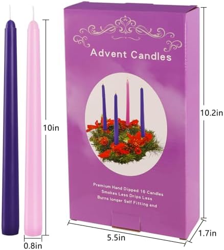 YOROXRG 16 Pack Advent Taper Candles Premium Hand Dipped 10in Unscented Christmas Taper Candles - Ideal for Seasonal Celebrations, Holidays, Church, Celebration, Party