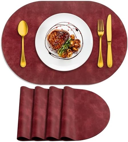 ADRIMER Oval Placemats Set of 4, Wipeable Faux Leather, Wine Red
