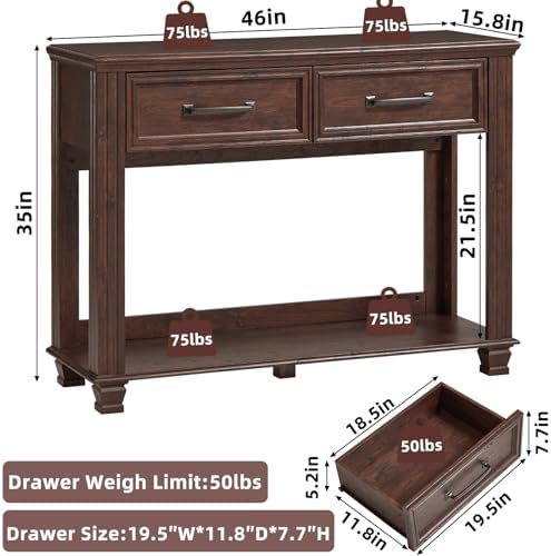 SAVOR LIFE 46" Farmhouse Console Table with Drawers, Walnut Entryway Table