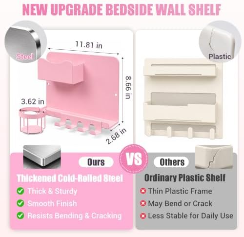 Floating Bedside Wall Shelf, Metal Wall Organizer with Detachable Cup Holde